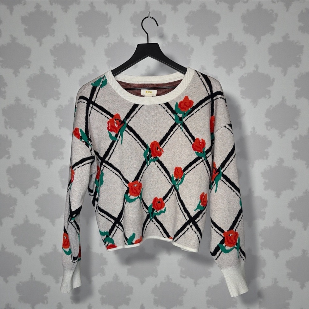 MAEVE ANTHROPOLOGIE ROSE FLORAL INTARSIA SWEATER SIZE M